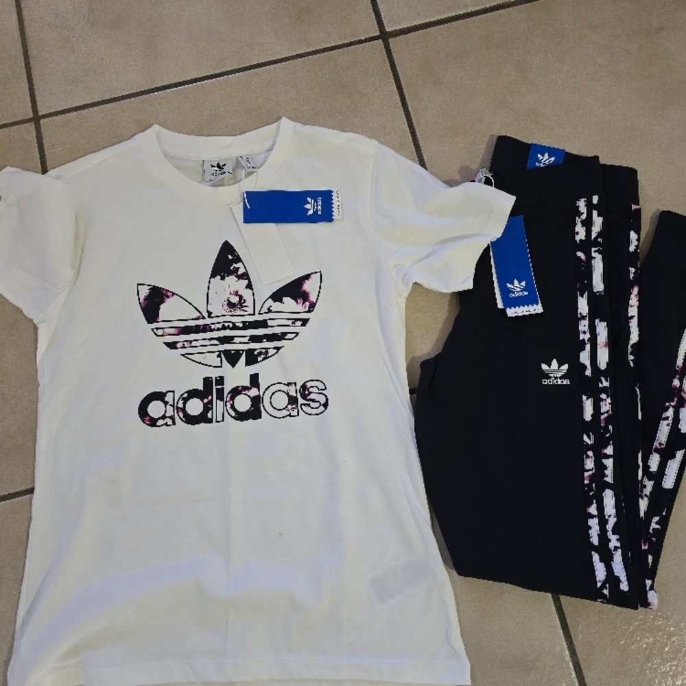 Adidas White T-Shirt and Navy Blue Leggings Set